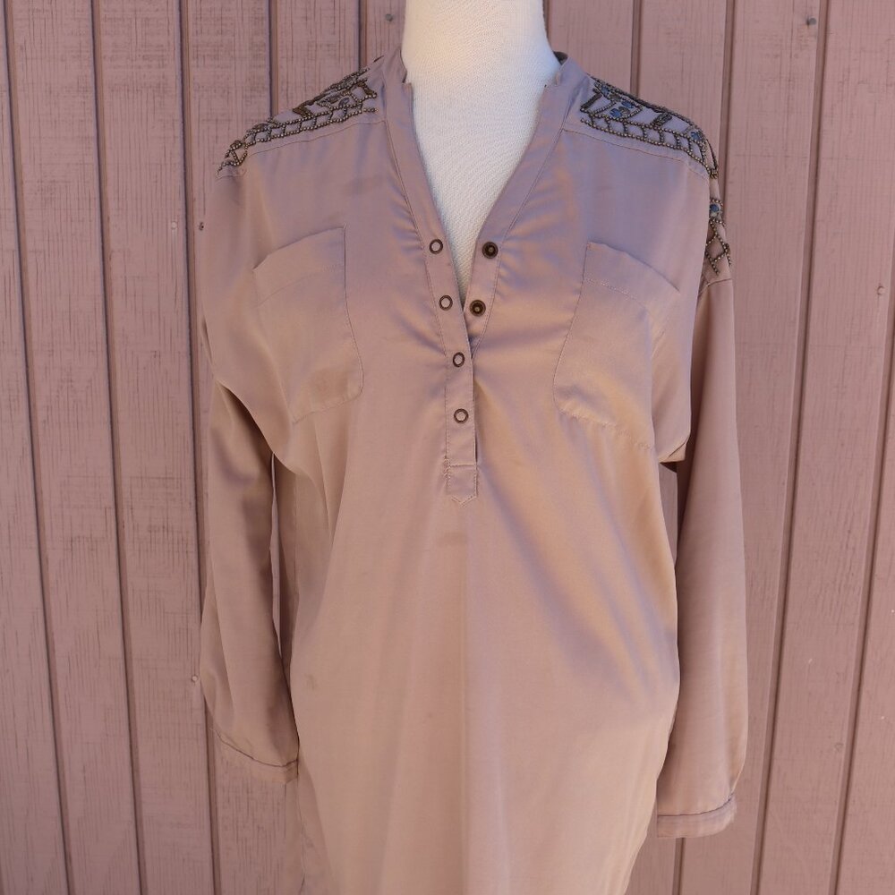 Women's Tan Tunic with Beaded and Sequin Shoulders